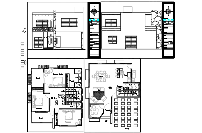 3BHK House CAD Drawing Floor Plan and Elevations Residential Layout