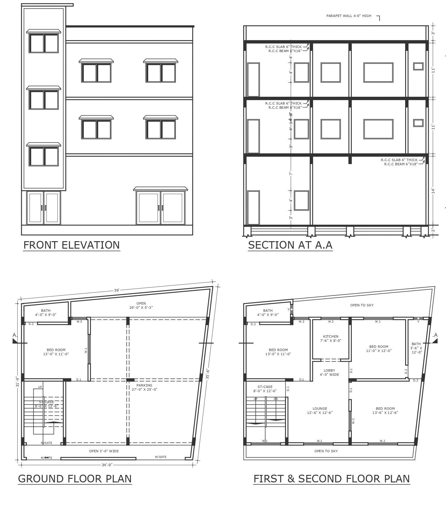 3bhk and lounge design with elevation and section details dwg autocad drawing.
