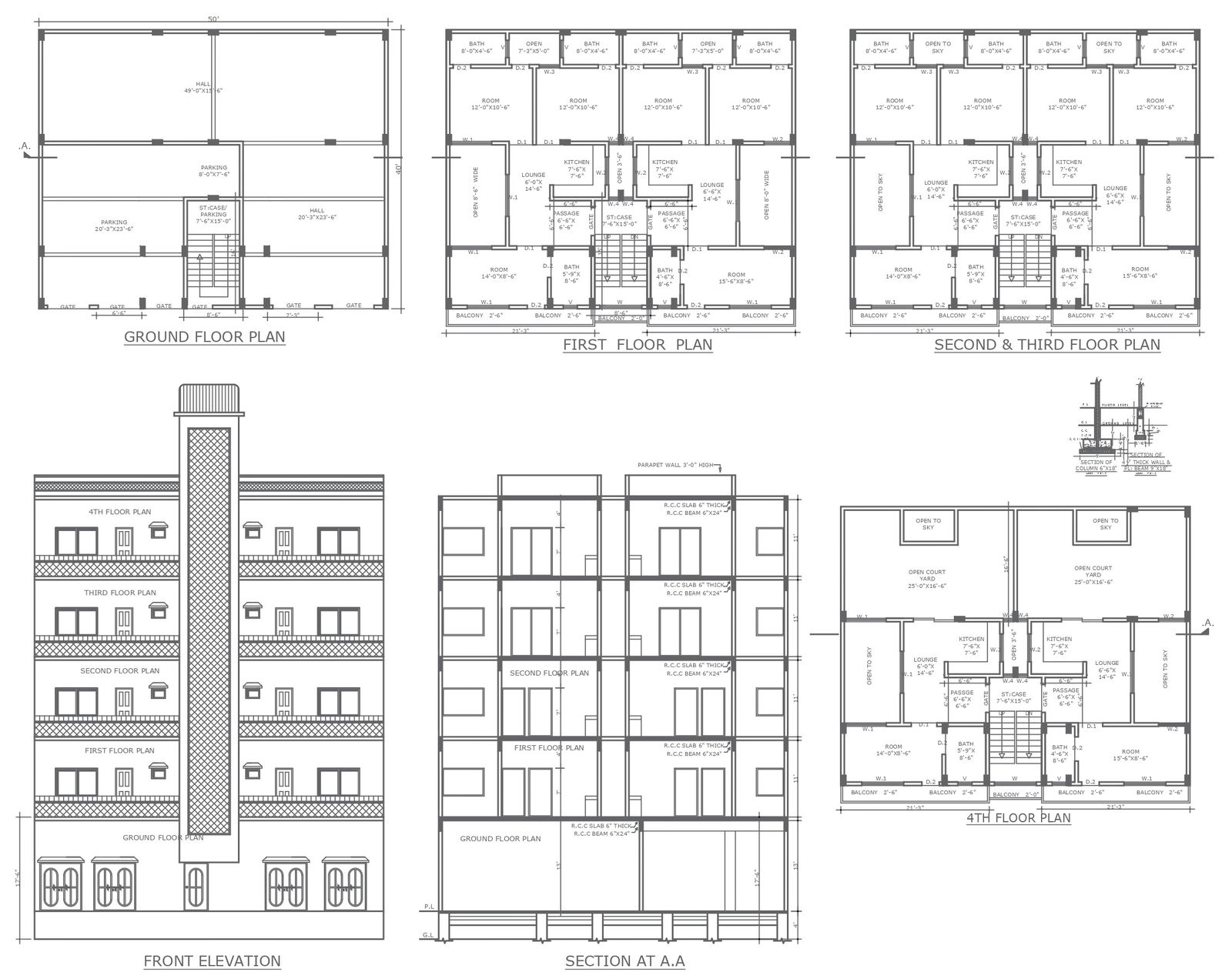 3bhk apartment design with detailed five floor plan section and elevation DWG autoCAD drawing