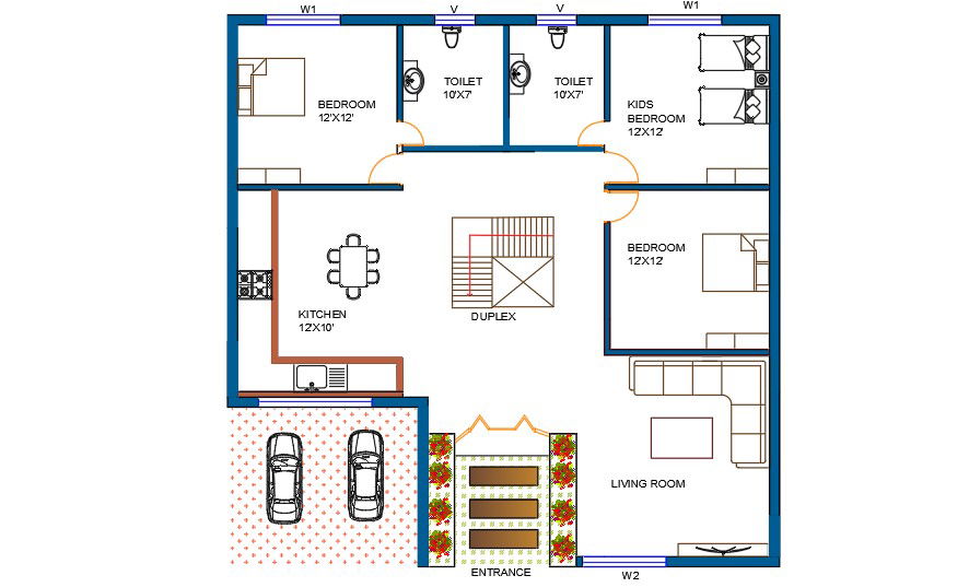 3bhk plan with furniture layout and entrance design