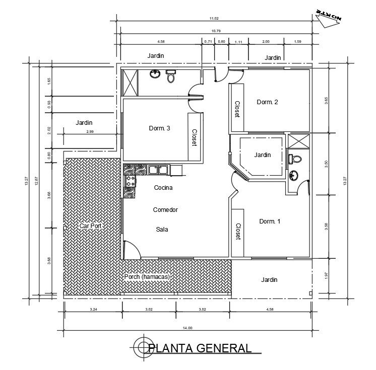 3bhk small house floor plan is given in this drawing cad file.Download now.