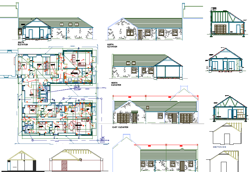 Single Storey House Plan Sections and Elevations CAD Drawing
