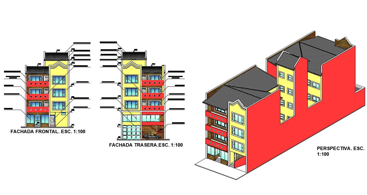 Modern 3D Commercial Building Elevation Drawing Design DWG File