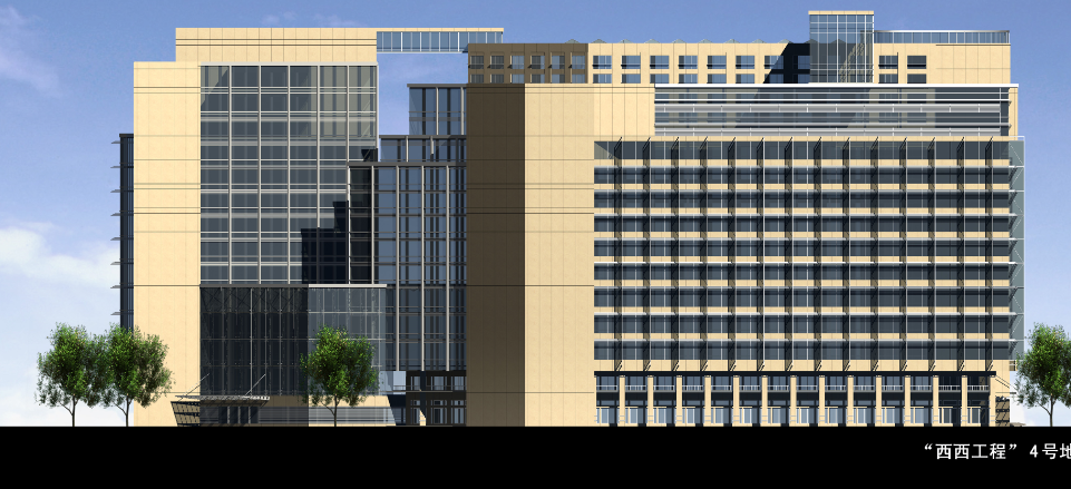 3d design of back view of multi-level corporate building dwg file