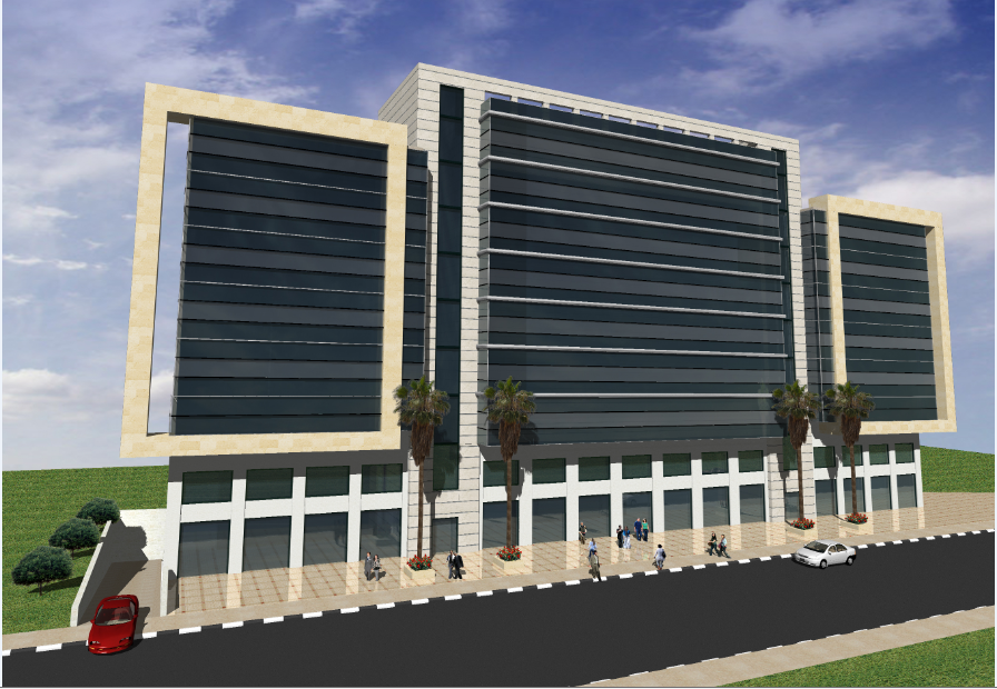 3d design of front elevation view of office building dwg file