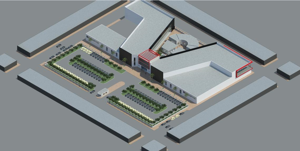 3d design of front view elevation of shopping center dwg file