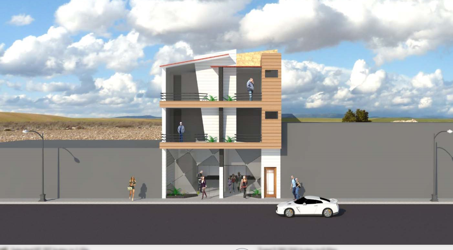 3d design of front view of mini shopping mall dwg file