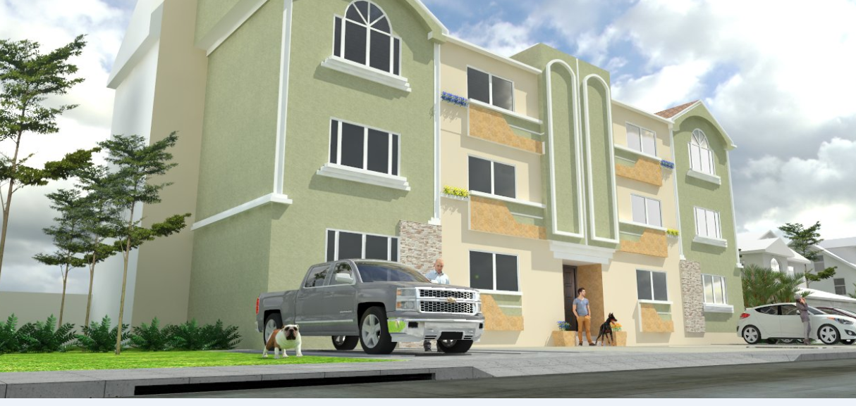 3d design of front view of multi-flooring bungalow dwg file