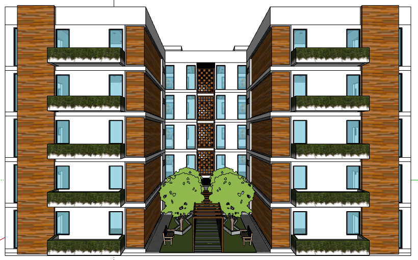 3d design of front view of multi-flooring residential building dwg file