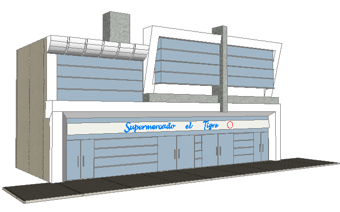 3d design of front view of multi-story super market dwg file