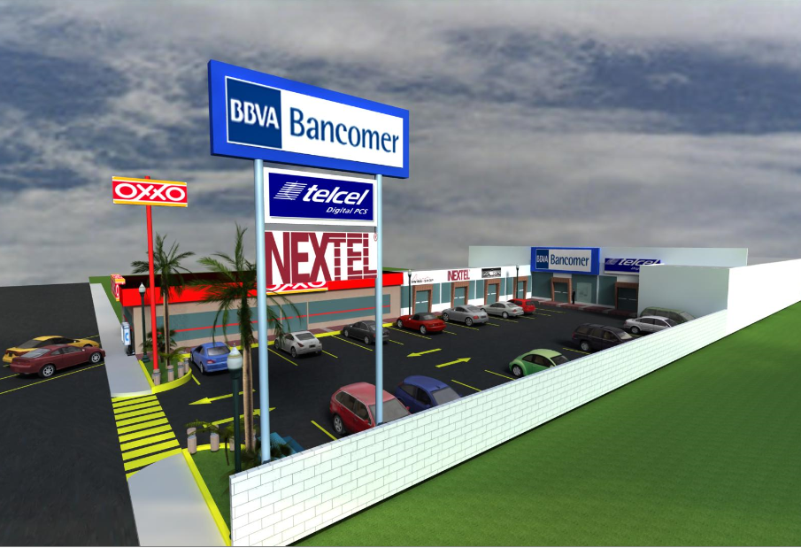 3d design of left side of parking lot of shopping center dwg file