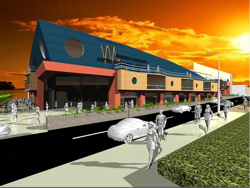 3d design of multi-level shopping mall with outdoor view dwg file