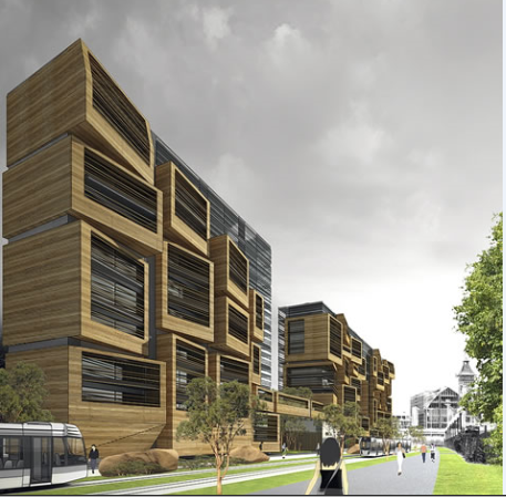 3d design of side view of multi-flooring shopping mall dwg file