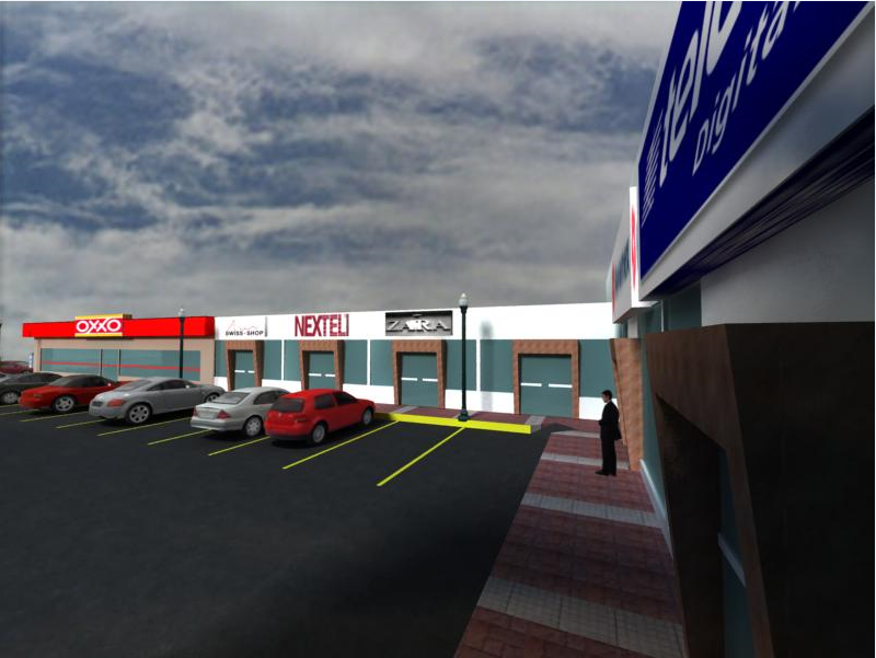 3d design of side view of parking of shopping center dwg file