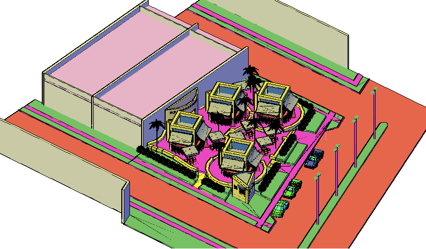 3d design of small square market project top view dwg file