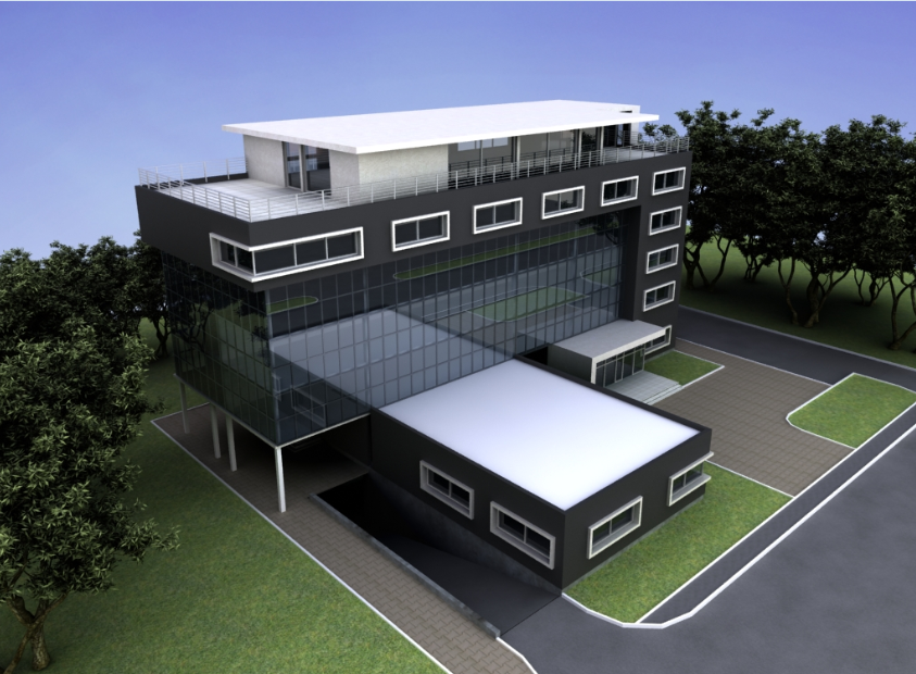 3d design of top view of multi-level office building dwg file