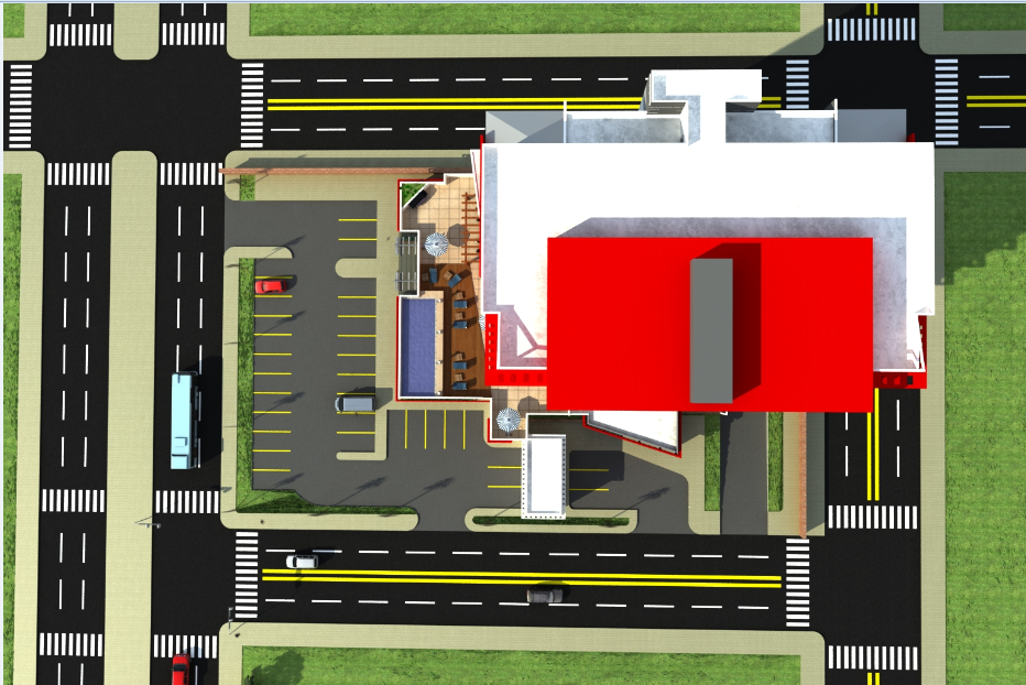 3d design of top view of office tower with landscaping dwg file