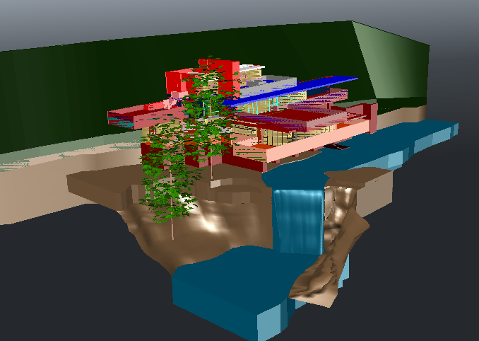 3d design of villa on mountain with water flow dwg file