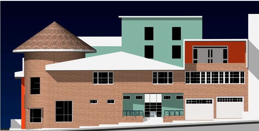 3d front view design of multi-flooring shopping mall dwg file