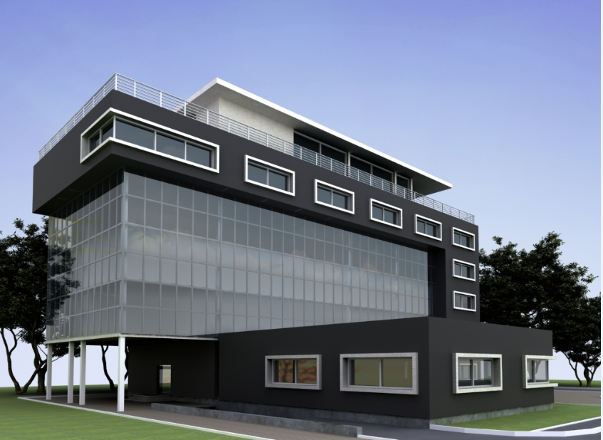 3d front view design of multi-level office building dwg file