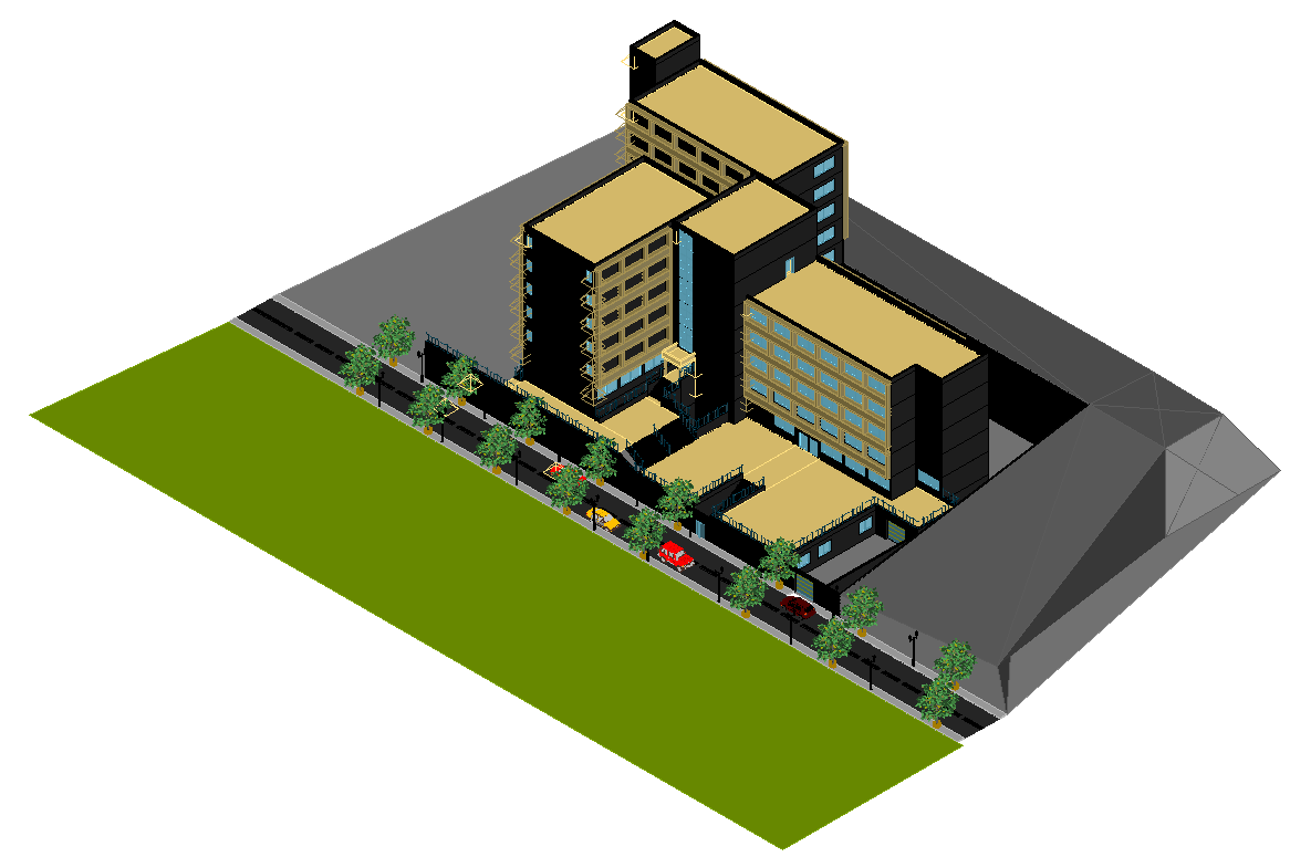 3d model of a hotel building detail elevation autocad file