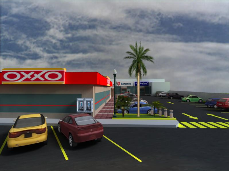 3d outdoor view of mini shopping center dwg file