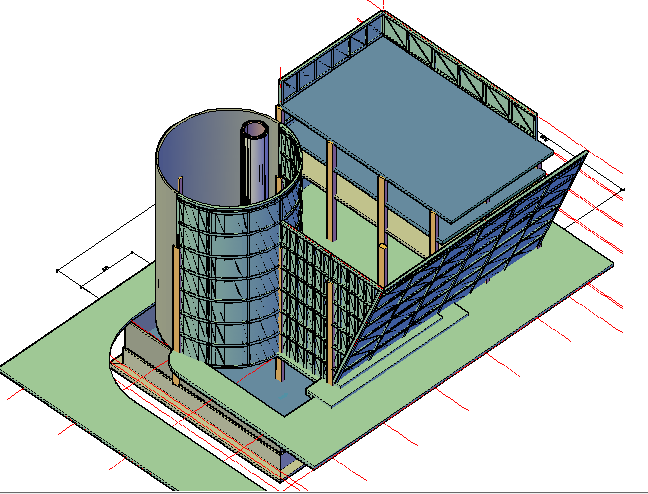 3d top view design of multi-story glazed office building dwg file