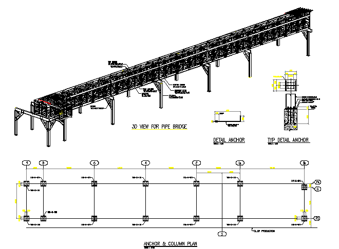 3d view for pipe bridge with construction details dwg file