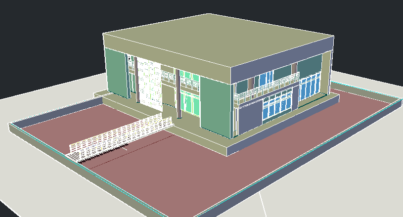 3d view of one family house with bridge access dwg file