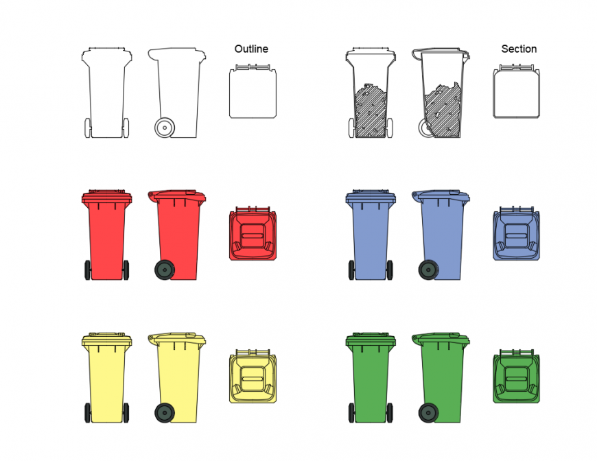 3d and 2d design blocks of dustbin cad blocks details dwg file