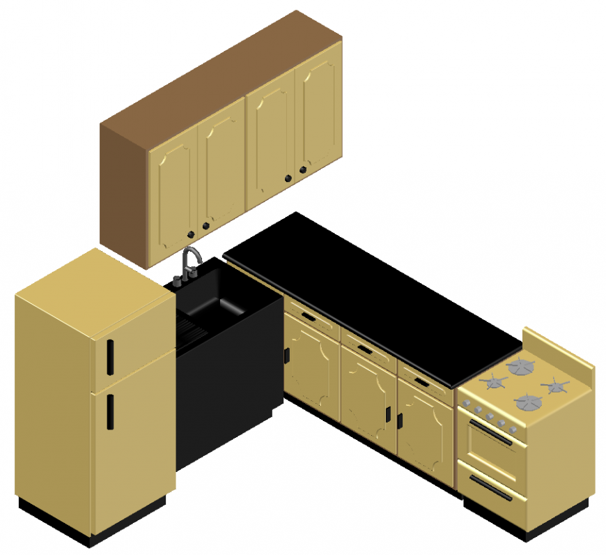 3d design of kitchen with detail of interior design dwg file