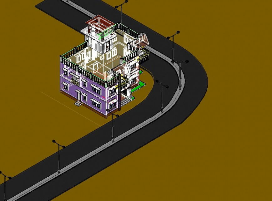 3d drawing of a bungalow in dwg file.