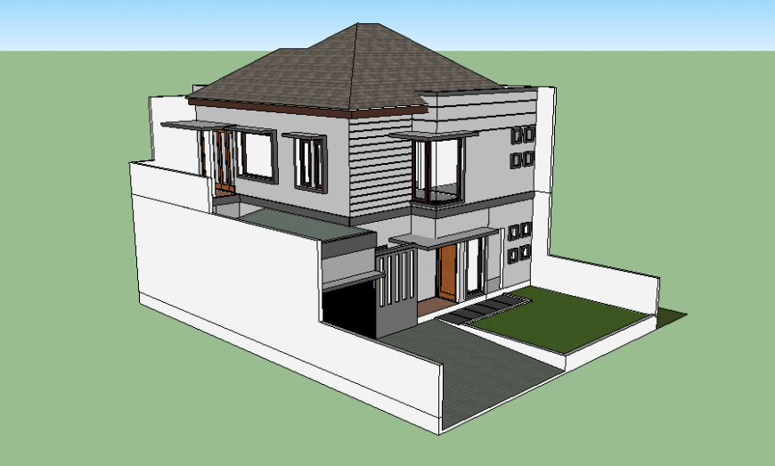 3d drawing of bungalow with all side view in dwg file.