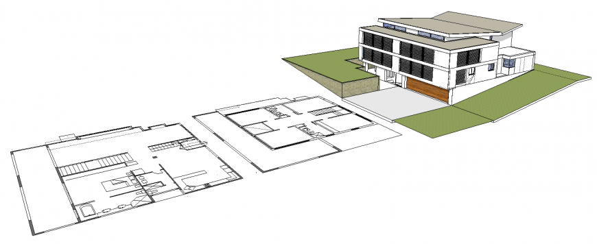 3d drawing of bungalow with all side view in skp file.