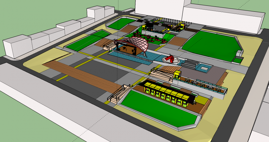 3d drawing of garden and food court in skp file.