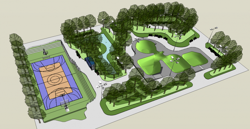3d drawing of public park in skp file.