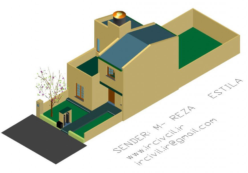 3d house model back side view in dwg AutoCAD file.