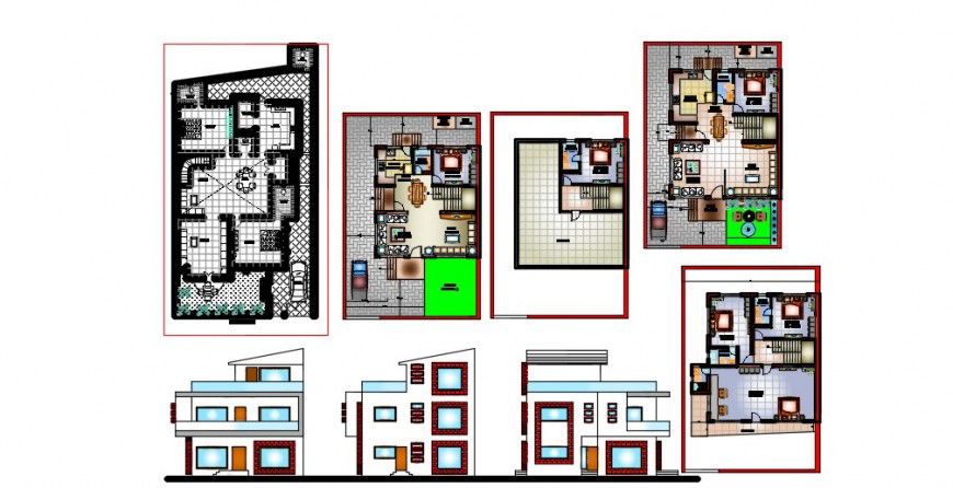 2D house plan and elevation detail dwg file