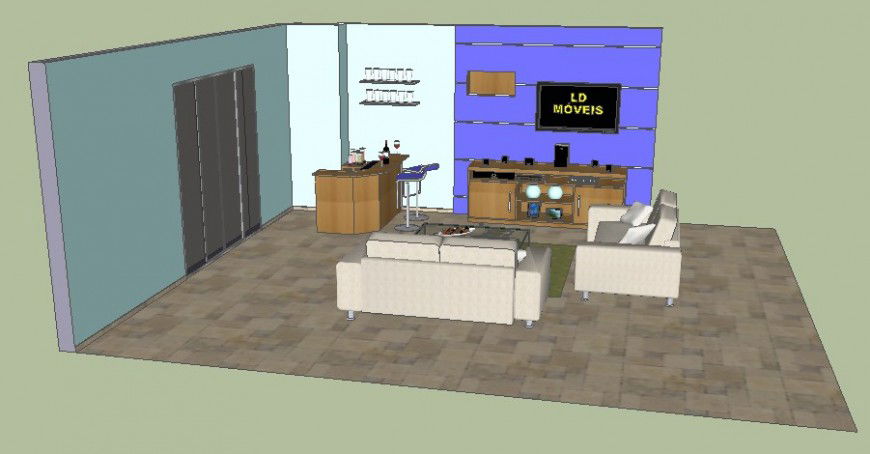 3D Interior Drawing of Drawing Room in SketchUp Software