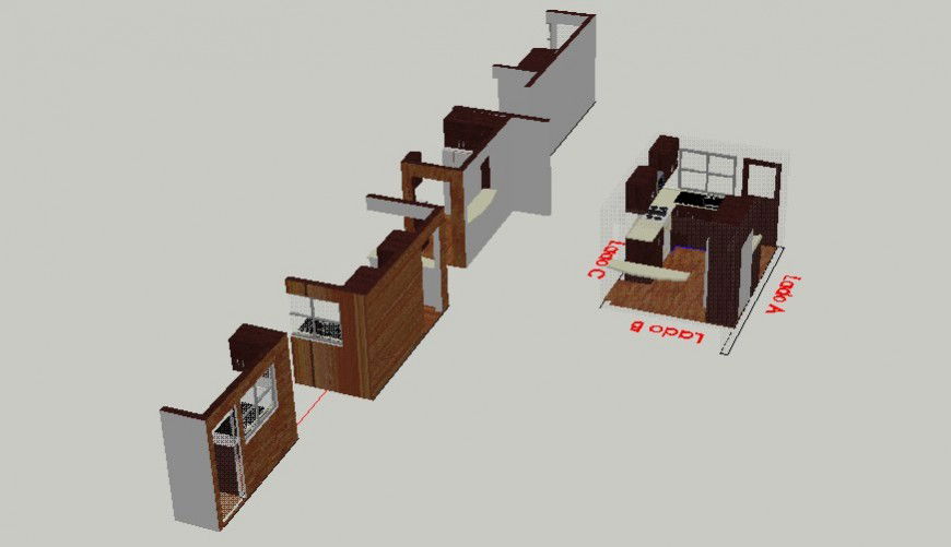 3d model drawings of kitchen area with furniture details in autocad file
