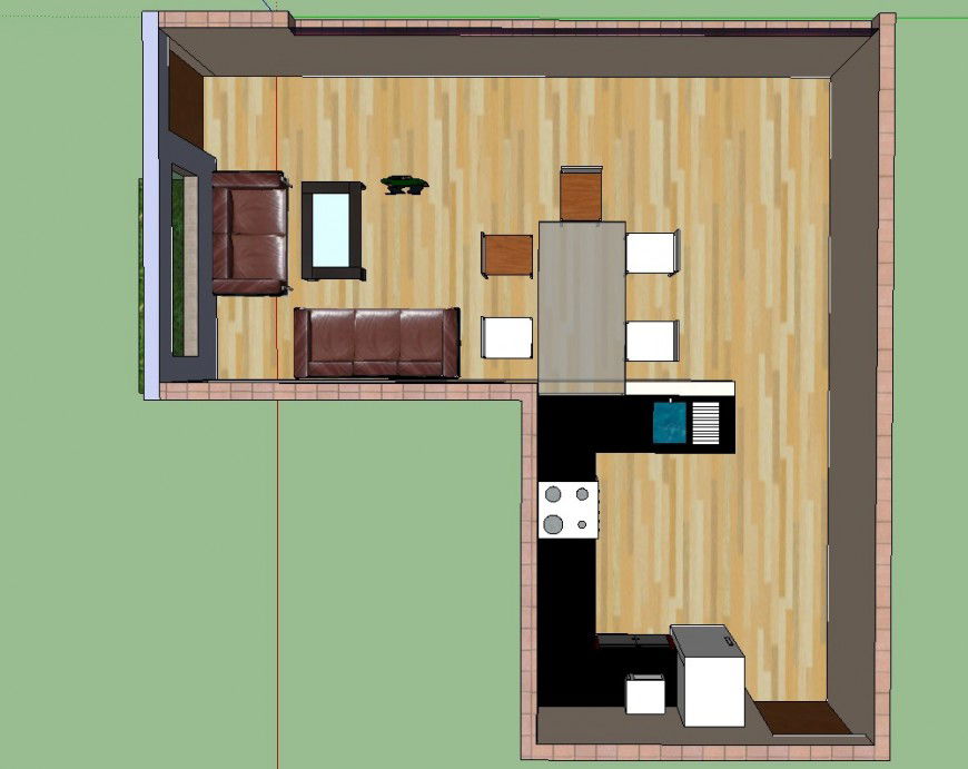 3d model of living room with kitchen drawing
