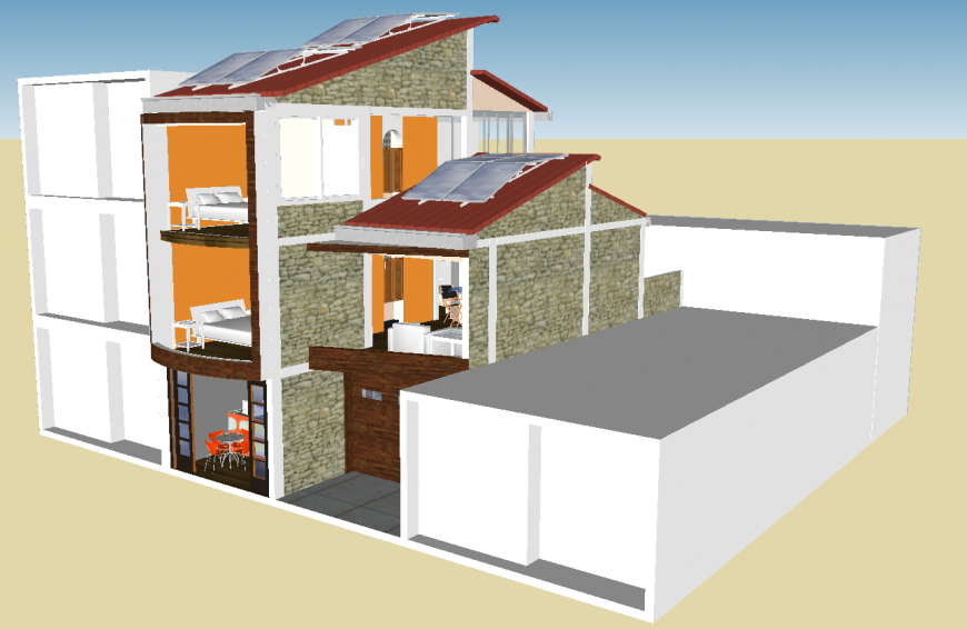 3d model of the bungalow with interior in skp Sketch Up file.