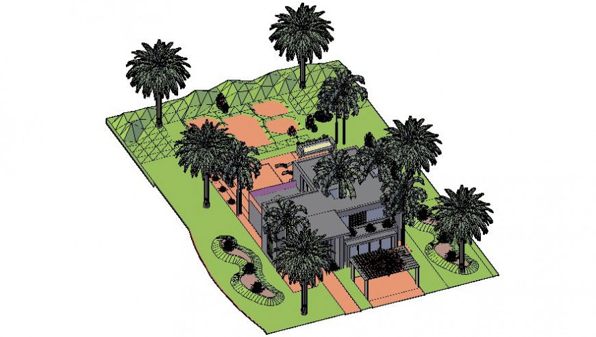 3D view of house with garden in AutoCAD file