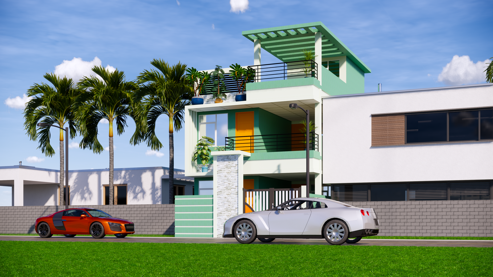 3d home elevation design with a small room in the terrace Revit file. Download this drawing Revit file on cadbull.com.