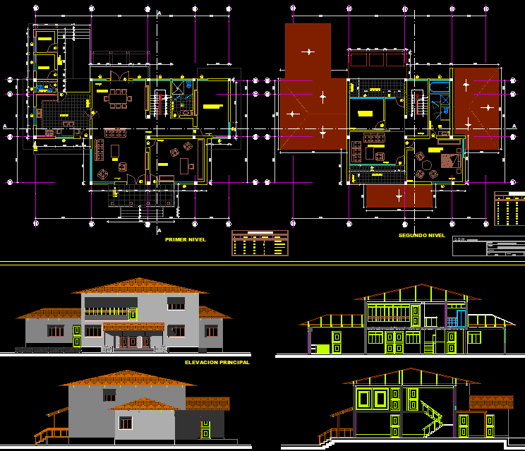 Two-Story Bungalow AutoCAD DWG File with Plan, Section, and Elevation