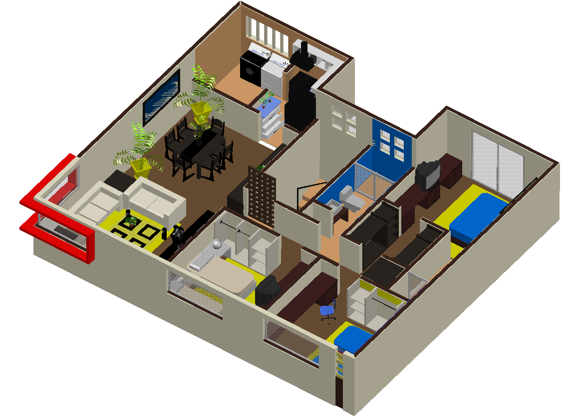 3D House Interior Plan CAD Drawing with Furniture Layout Details
