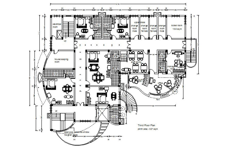 3rd floor plan of hotel building in AutoCAD 2D drawing, dwg file, CAD file