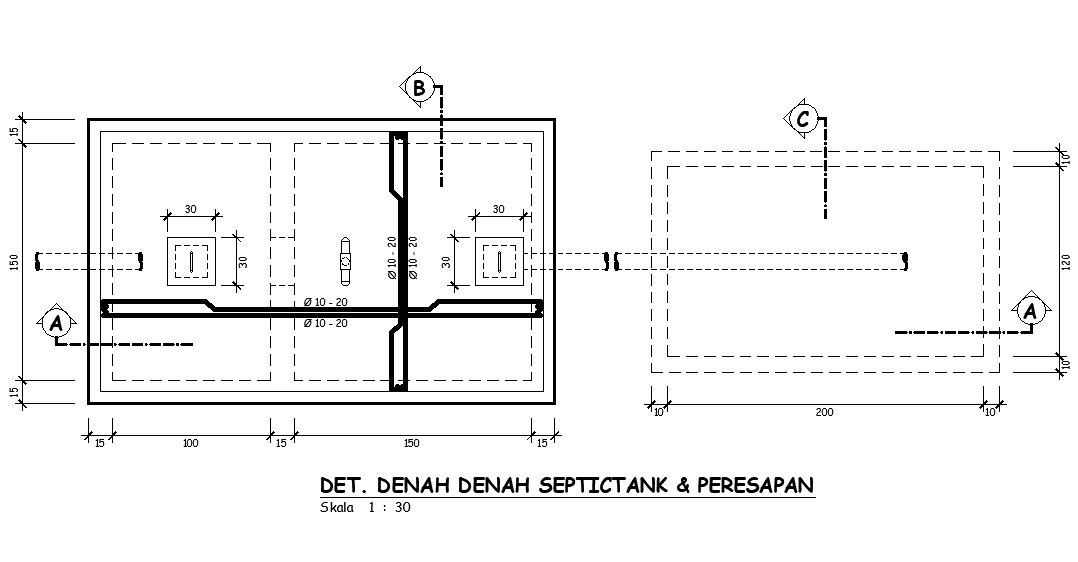 3x1.8m septic tank plan is given in this Autocad drawing file.Download now.