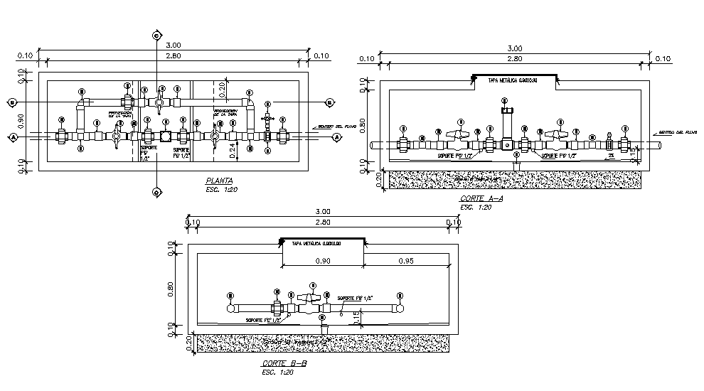 3x1m pump plan & section view is given in this Autocad drawing file.Download now.