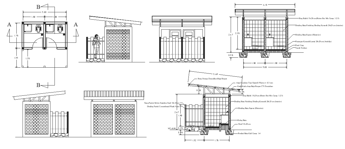 3x3 Meter Toilet Plan And Elevations AutoCAD File